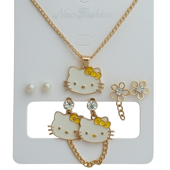Hello Kitty Mimmy White 4pc Necklace &  Earrings Set – Yellow Bow NWT - Picture 1 of 4